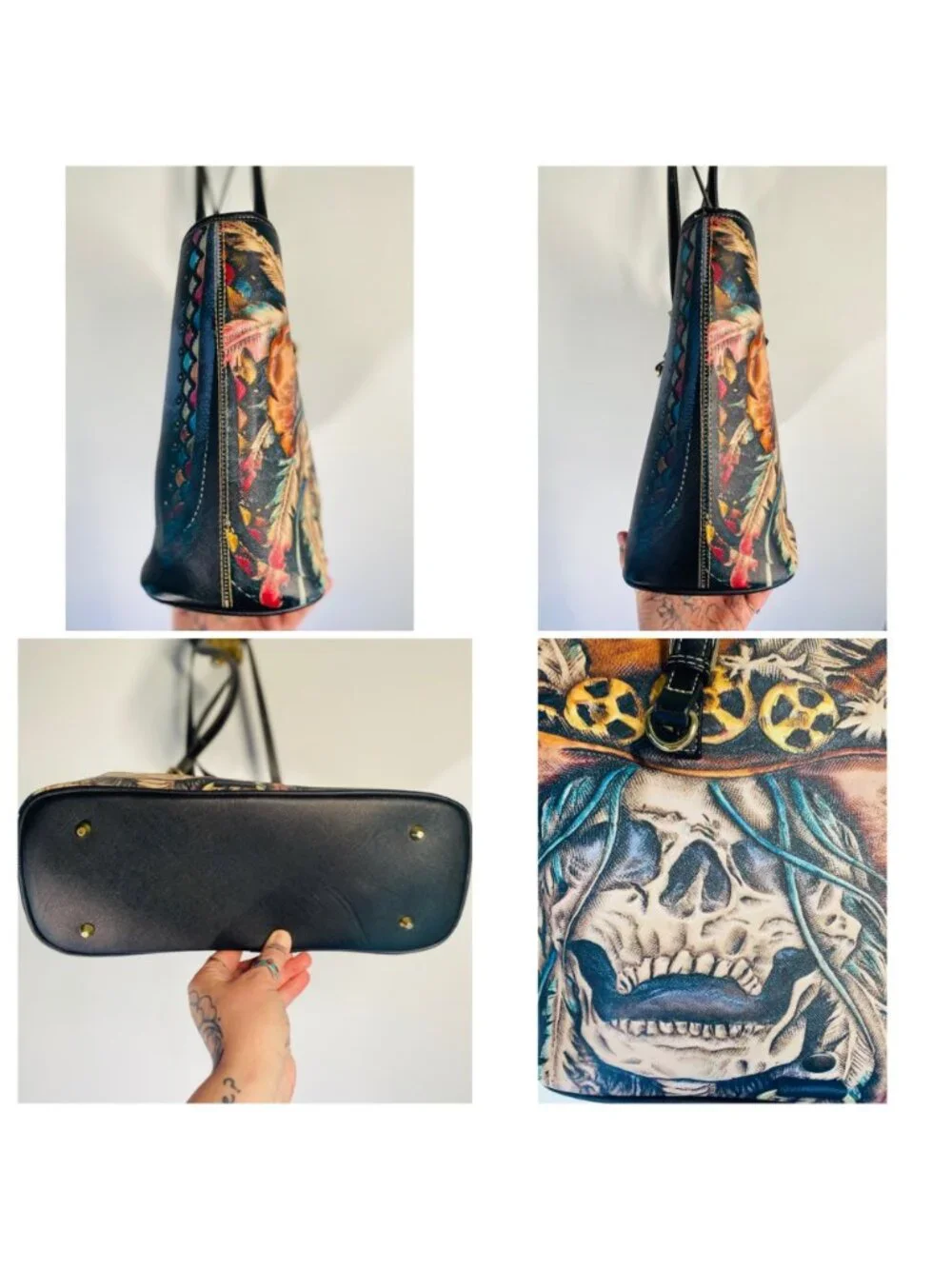 Skull Graphic Faux Leather Tote Bag With Adjustable Straps & Inner Pockets